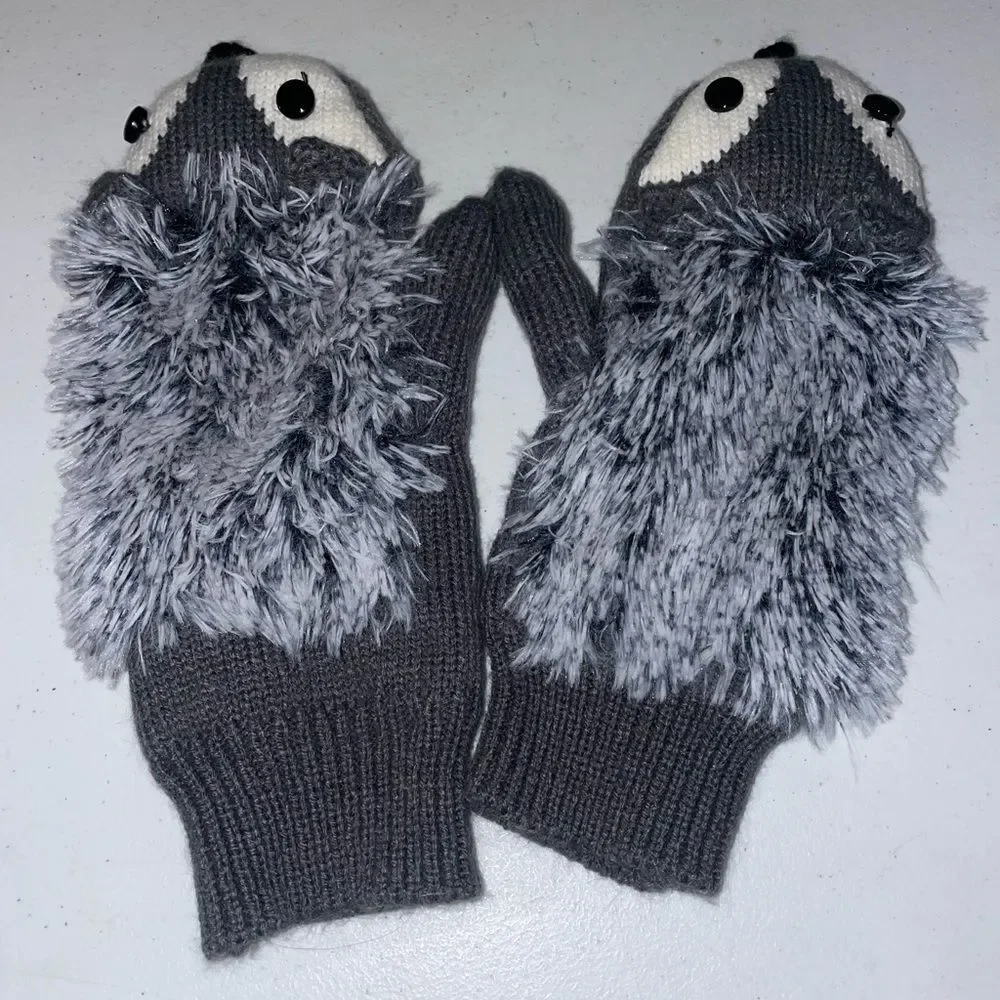 Adorable Grey knitted mittens with fluffy faux fur and button eyes hedgehogs